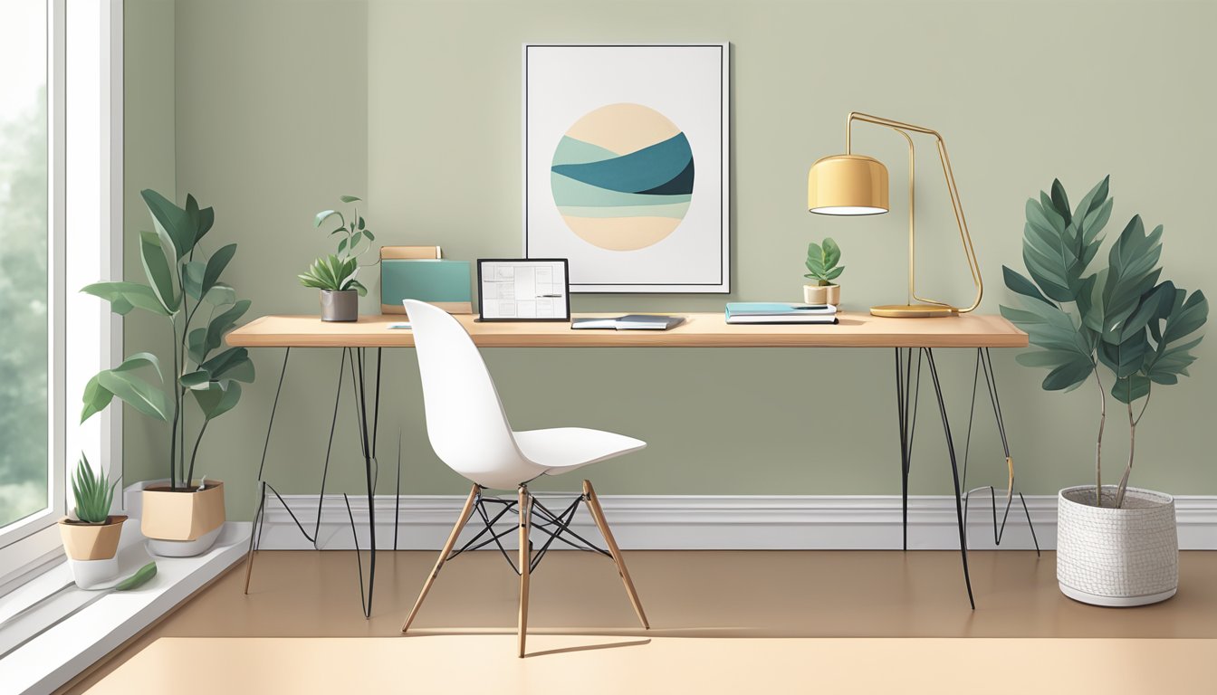 A sleek, simple desk and chair in a bright, airy room with clean lines and minimal decor