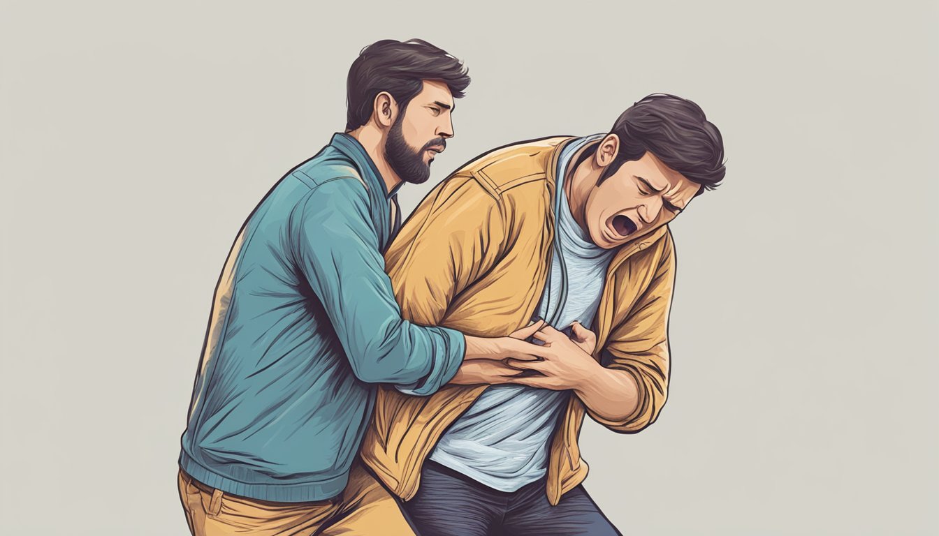 A person clutching their chest in pain, while another person calls for emergency help