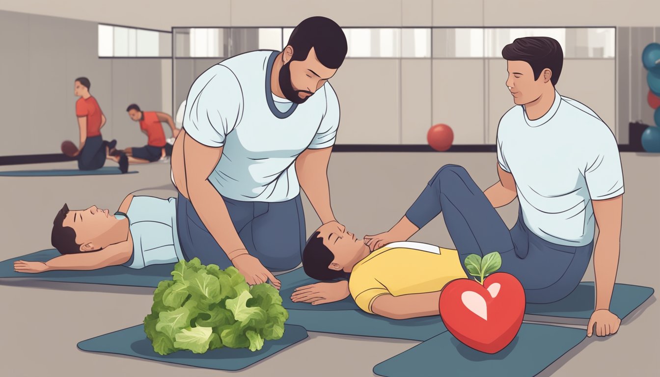 A person exercising and eating healthy to prevent heart attack, while another person learning CPR for long-term management of cardiac arrest
