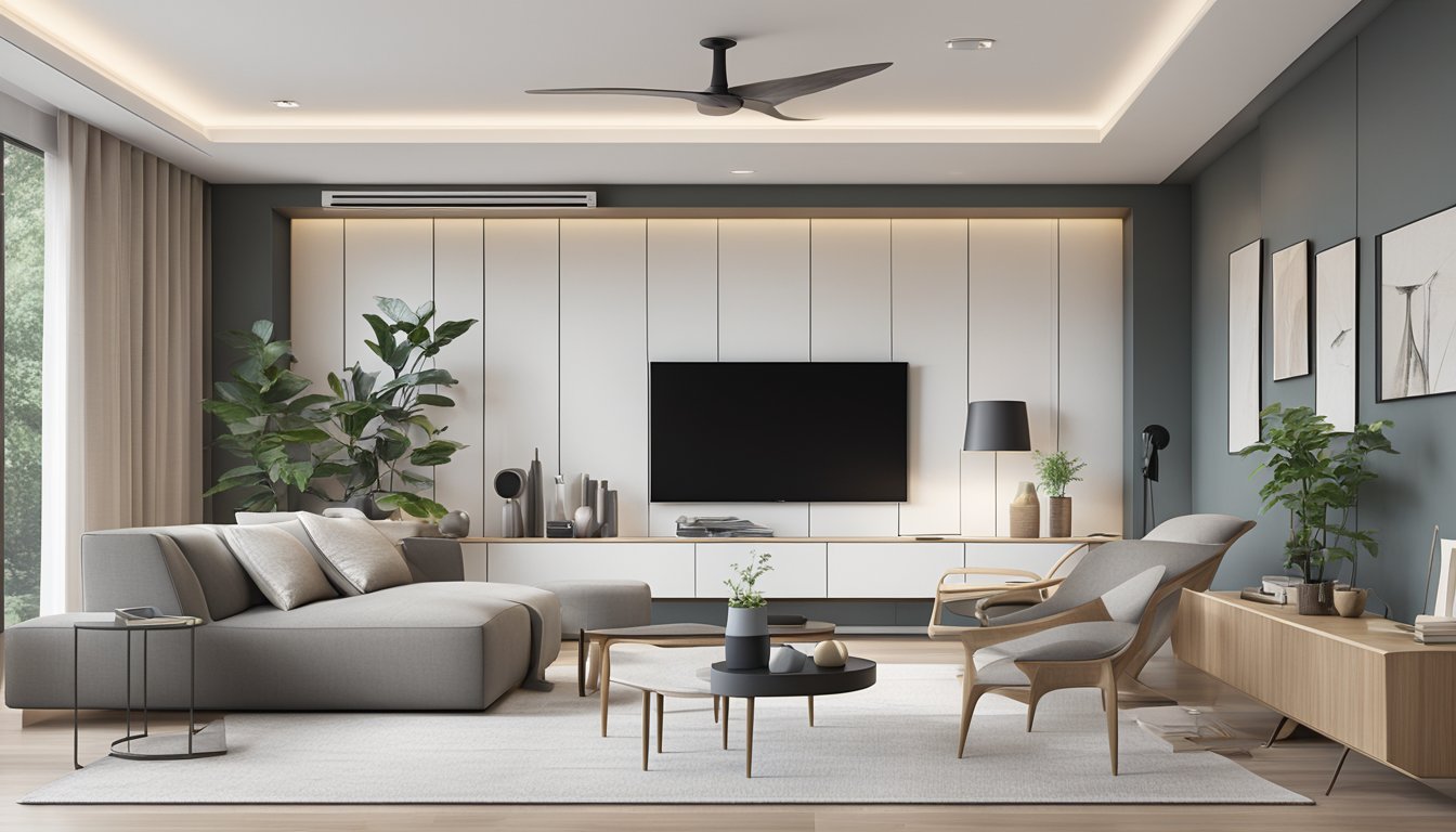 A sleek, modern living room with minimalist furniture in Singapore. Clean lines, neutral colors, and uncluttered space