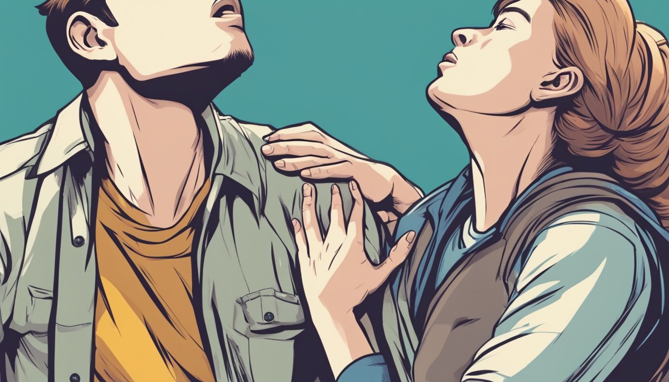 A person clutching their chest with a pained expression while another person frantically calls for help