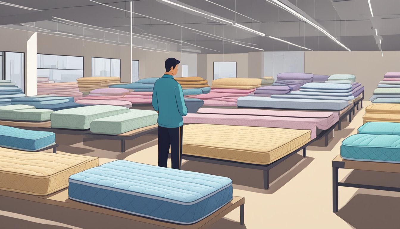 A person standing in a showroom, surrounded by various types of mattresses, carefully examining each one before making a decision