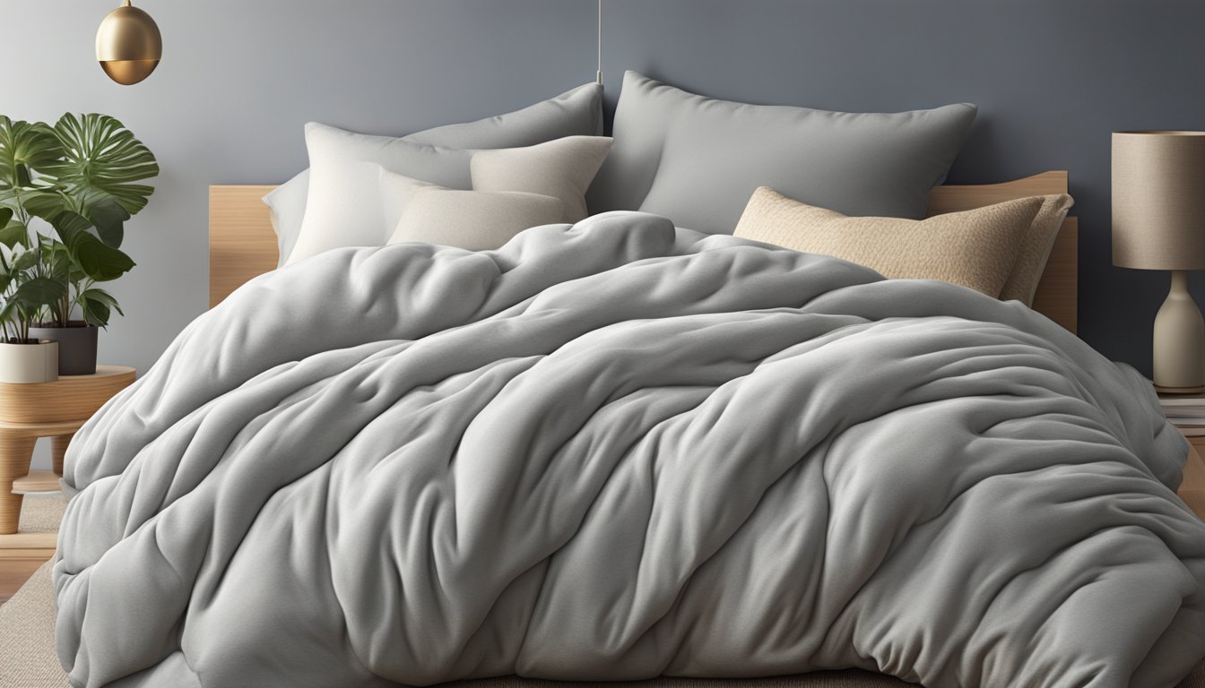 A plush comforter draped over a cozy bed, with soft folds and a textured pattern, inviting warmth and relaxation