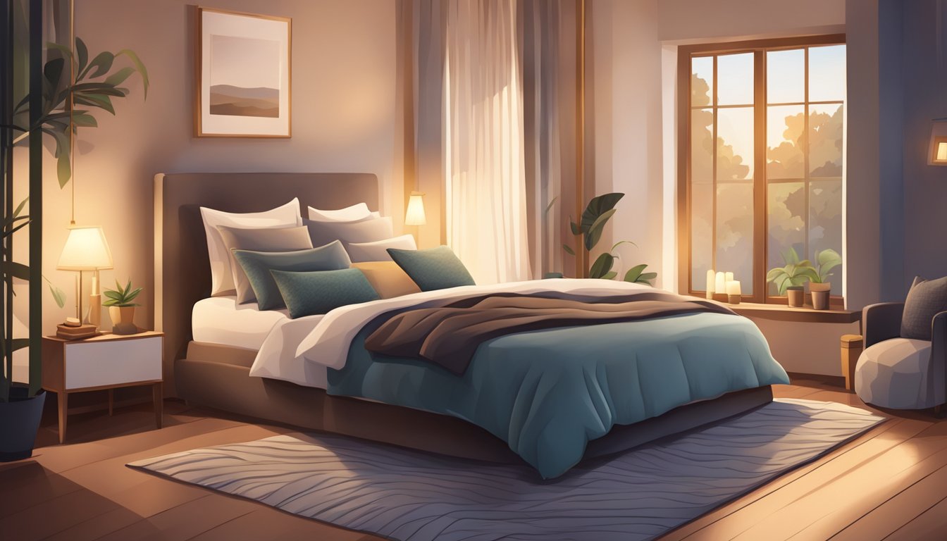 A cozy bedroom with a comfortable mattress, soft pillows, and warm blankets. A serene atmosphere with dim lighting and soothing colors