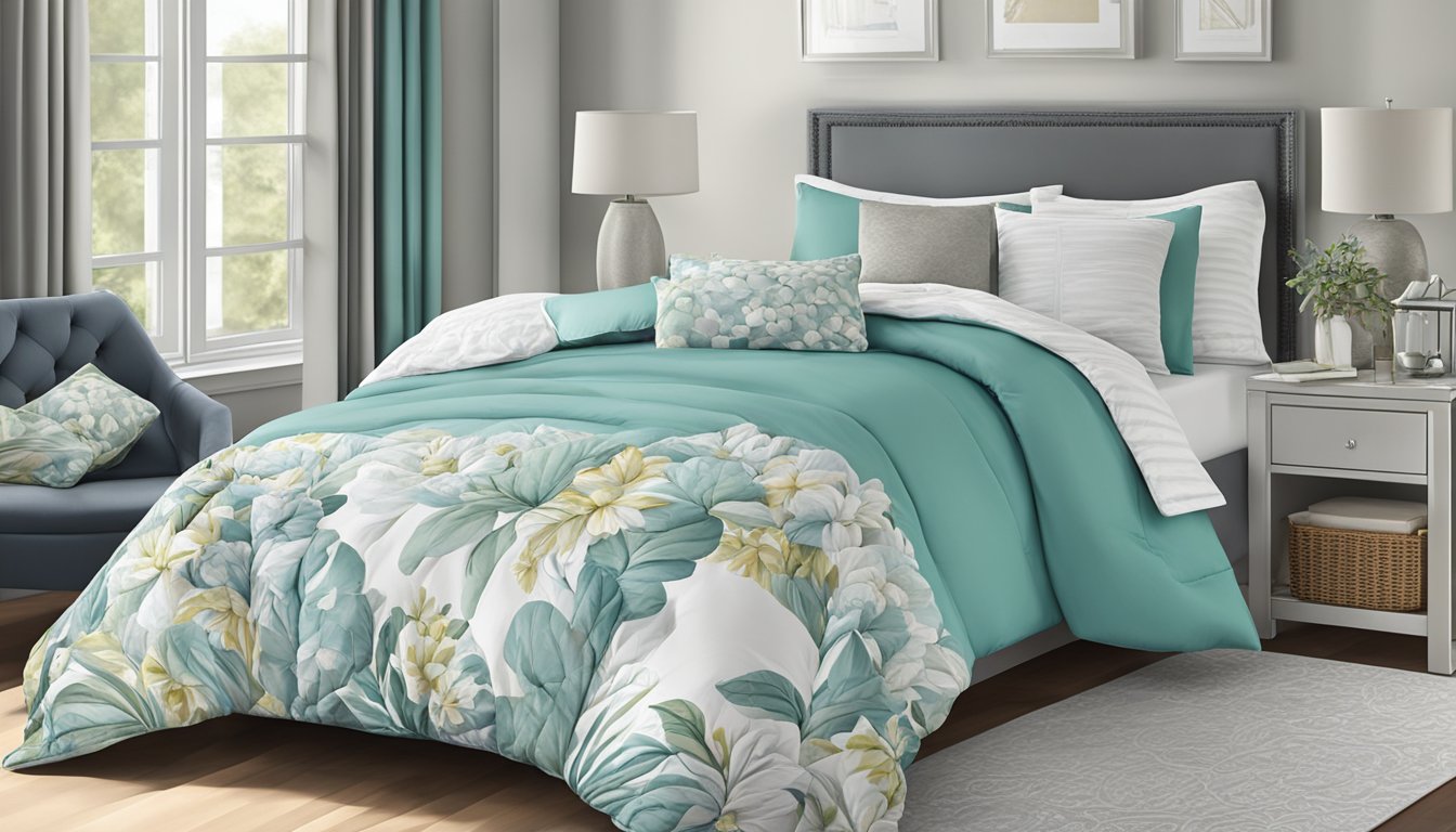 A variety of comforters in different sizes and styles neatly displayed on a bed or shelf