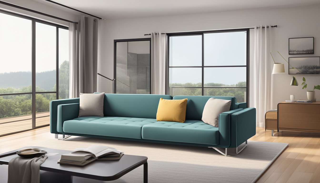 A folding sofa bed opens into a comfortable sleeping space, with smooth, clean lines and a modern design