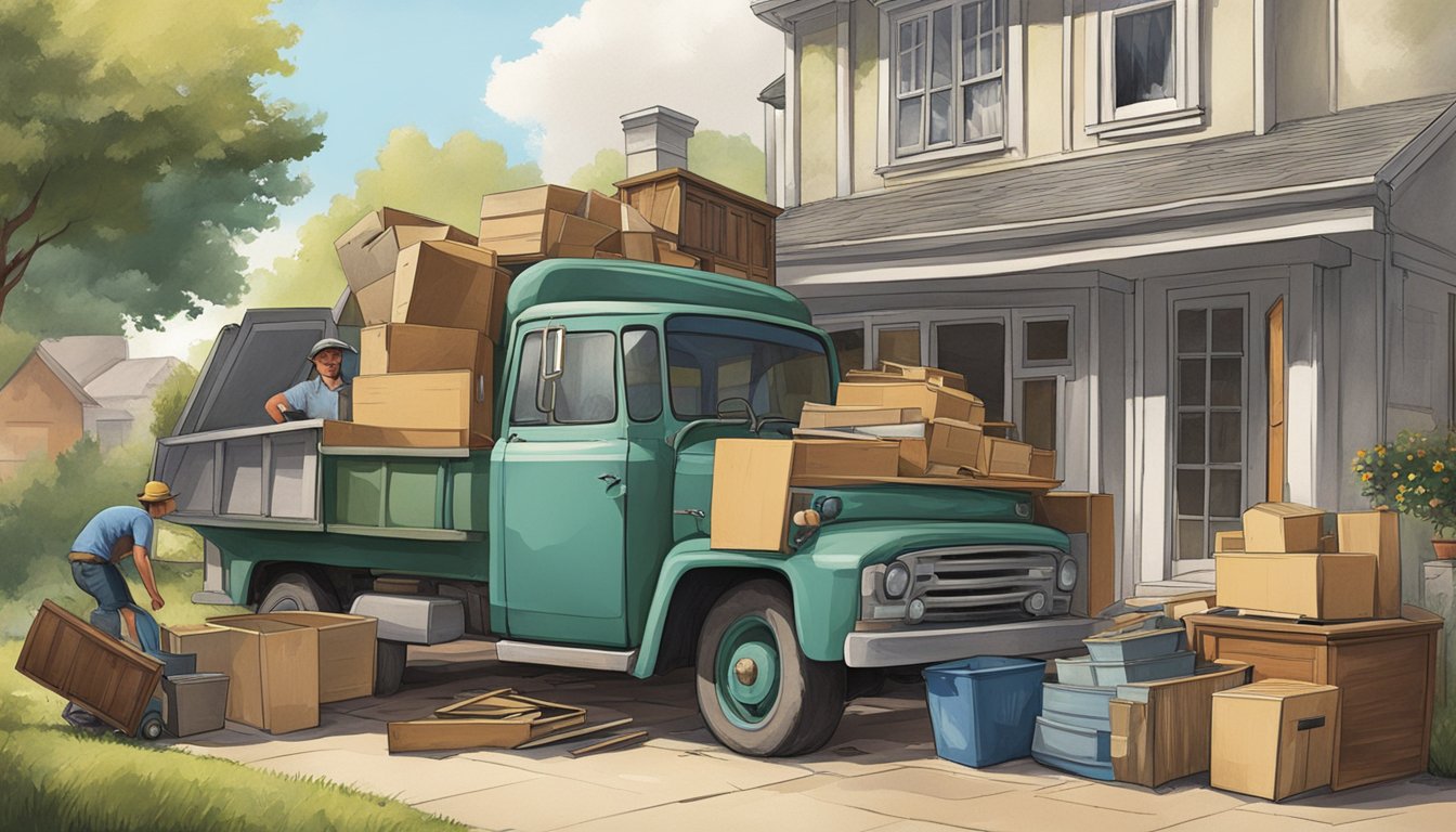 Old furniture piled outside a house, a person loading it into a truck