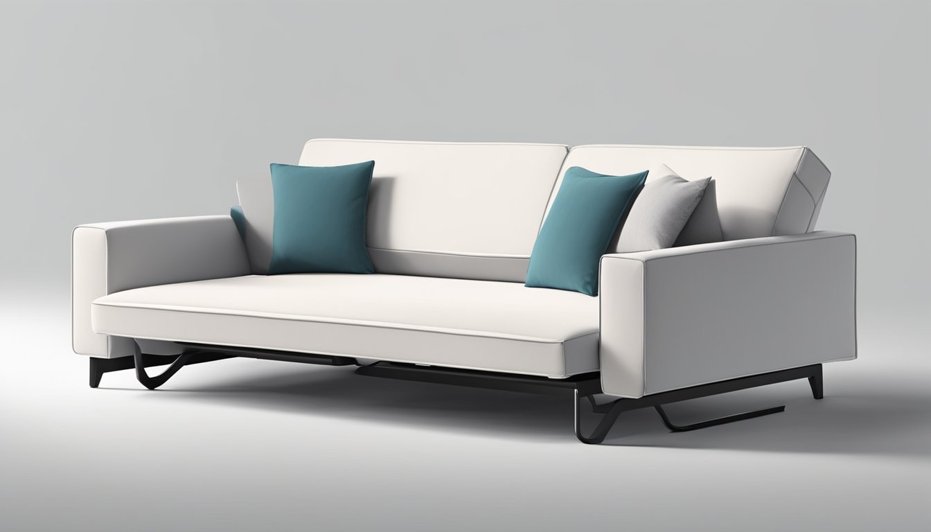 A sleek, modern sofa bed unfolds effortlessly, revealing a comfortable mattress and sturdy frame