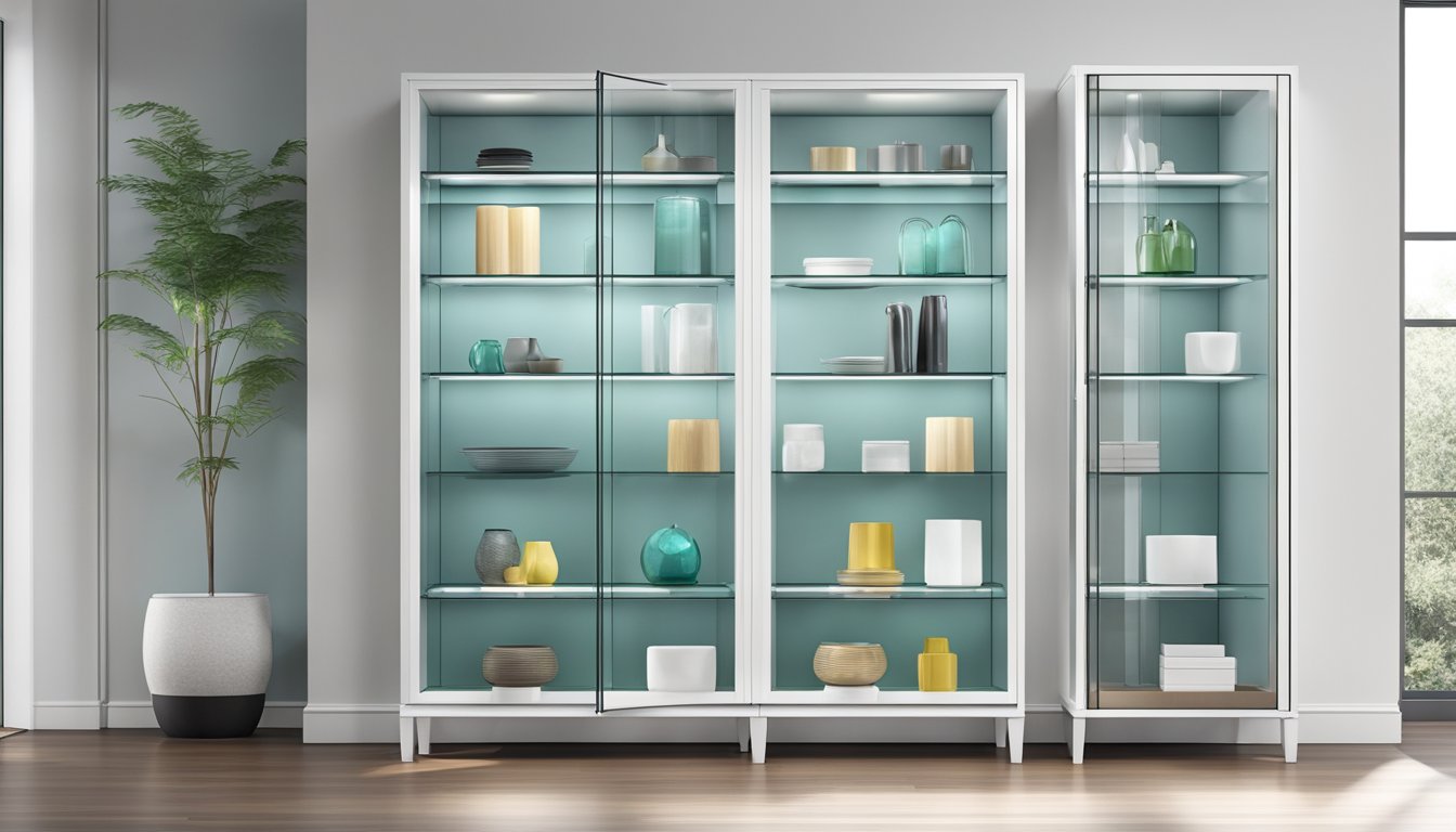 A sleek glass cabinet stands against a white wall, displaying its contents with clean lines and modern design. The shelves are illuminated, showcasing the functionality of the piece