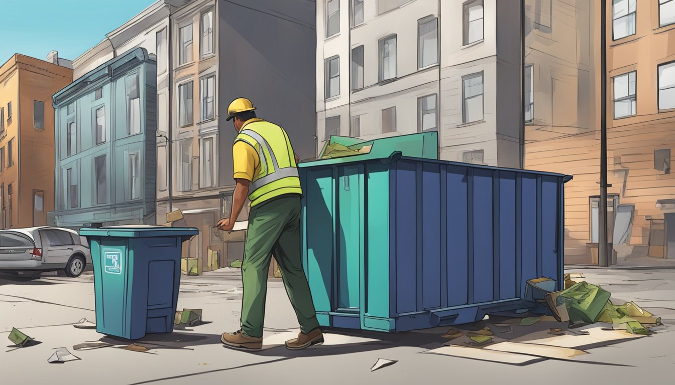 A person carrying a broken chair to a dumpster