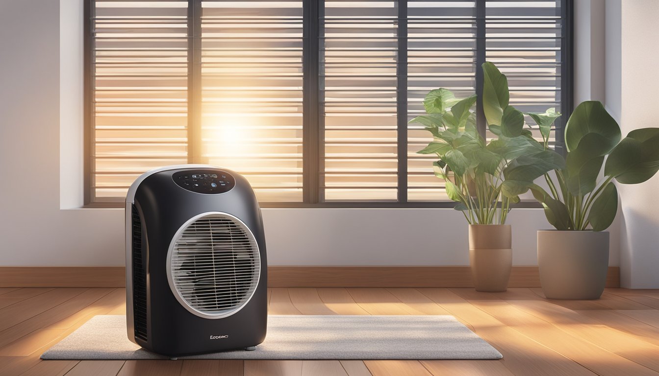 A Europace portable aircon sits on a wooden floor next to a window, with sunlight streaming in and casting a warm glow on the room