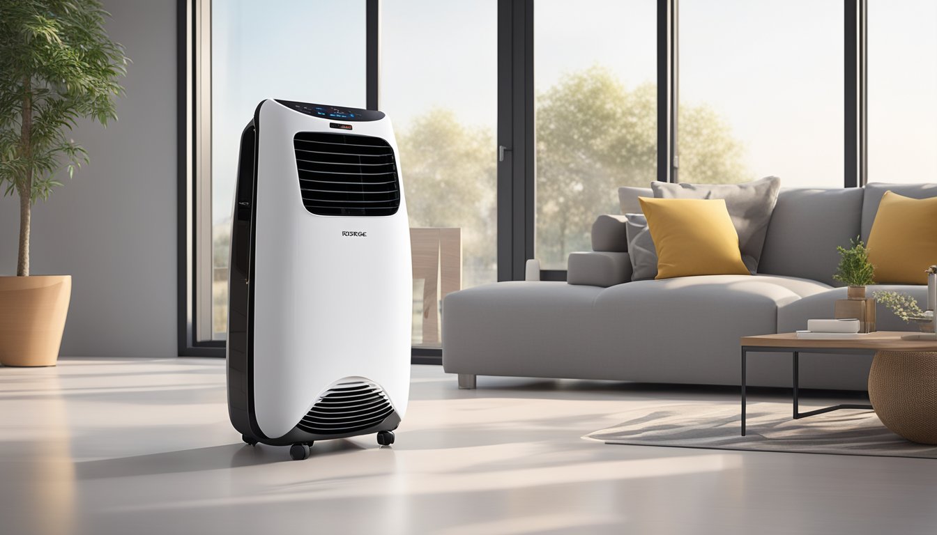 A Europace portable aircon sits on a clean, modern living room floor, with its sleek white exterior and digital display panel catching the sunlight streaming in from the window