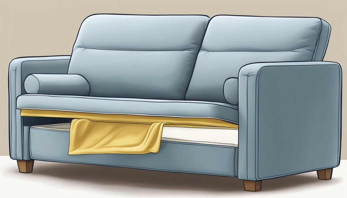 A person unfolds a sofa bed, revealing a comfortable mattress and transforming it into a bed