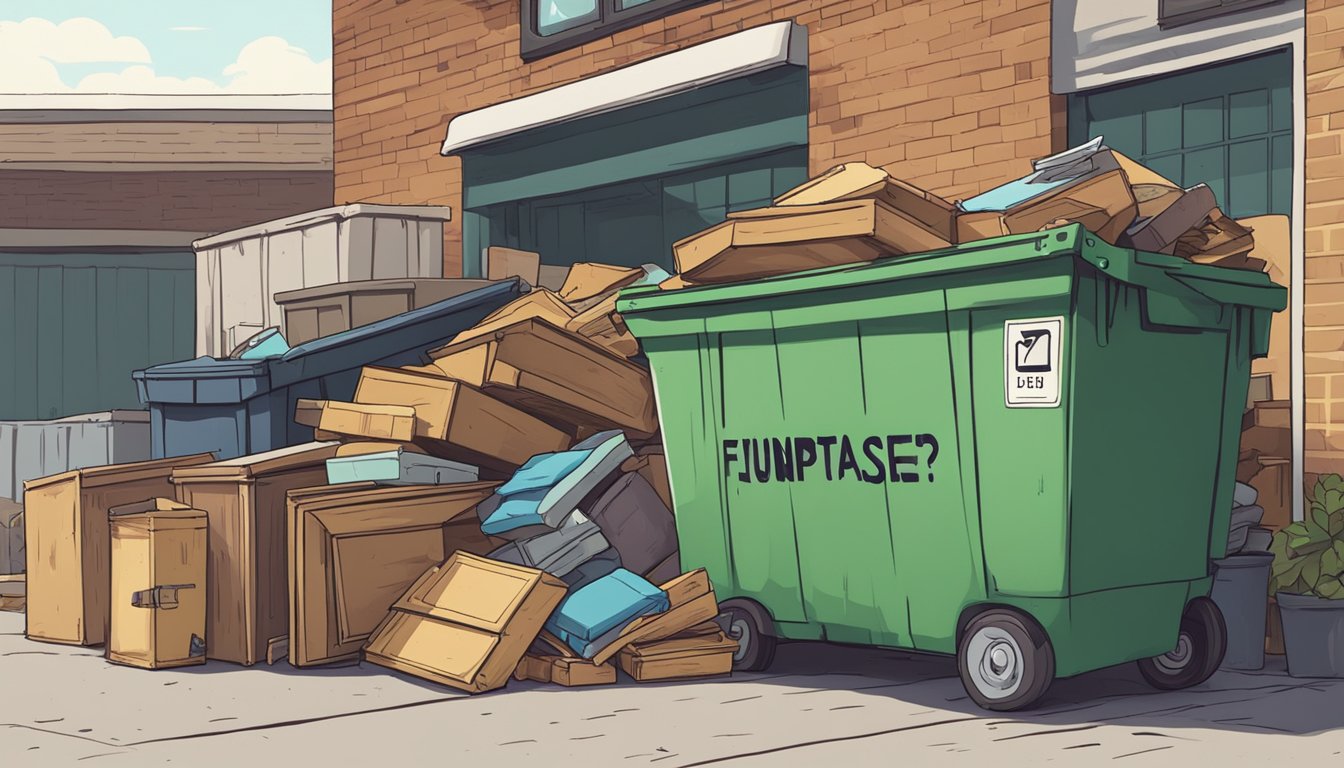 A pile of old furniture stacked next to a dumpster, with a sign reading "Frequently Asked Questions Furniture disposal" nearby