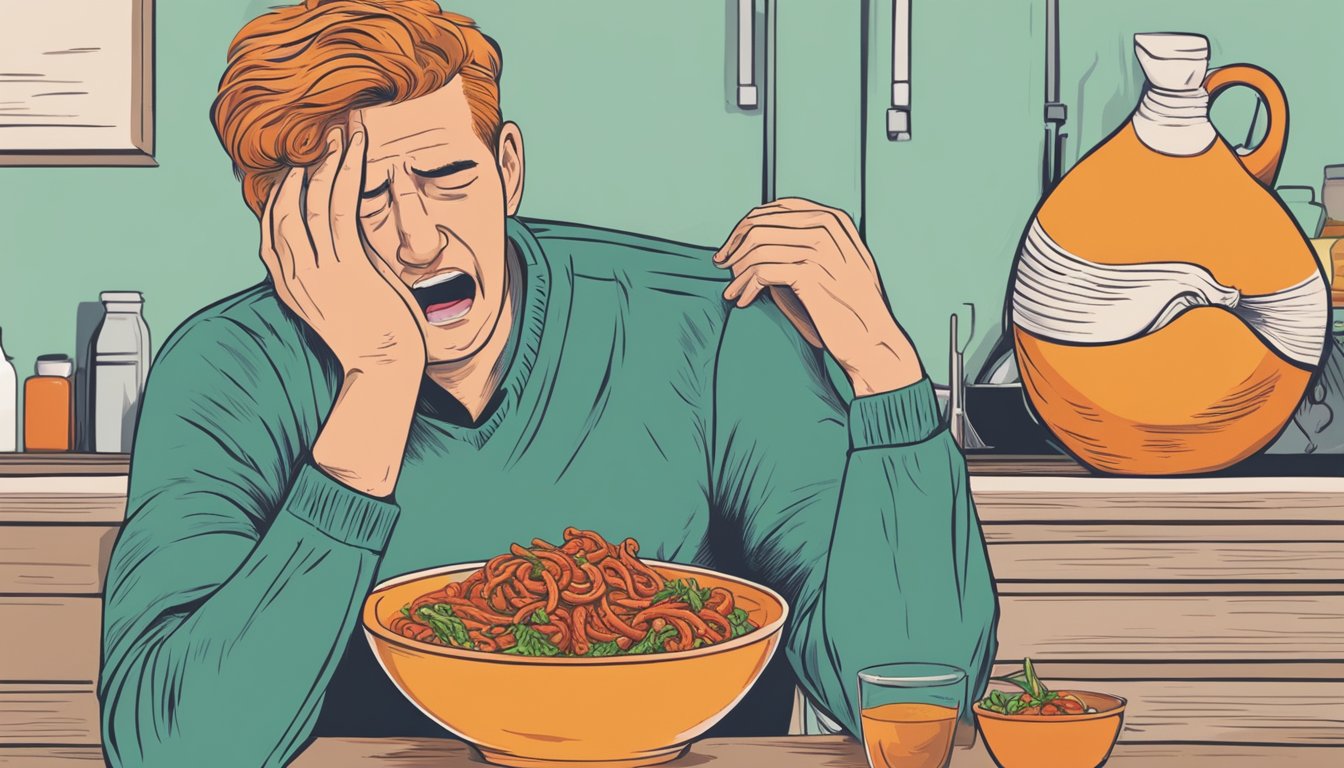A person clutches their chest in pain, grimacing. A bowl of spicy food sits nearby. The person's face is contorted in discomfort