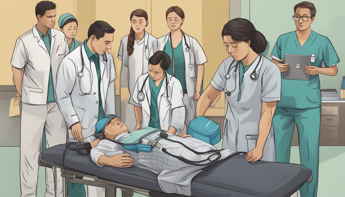 A person clutches their chest in pain, while a medical team rushes to their aid with diagnostic equipment