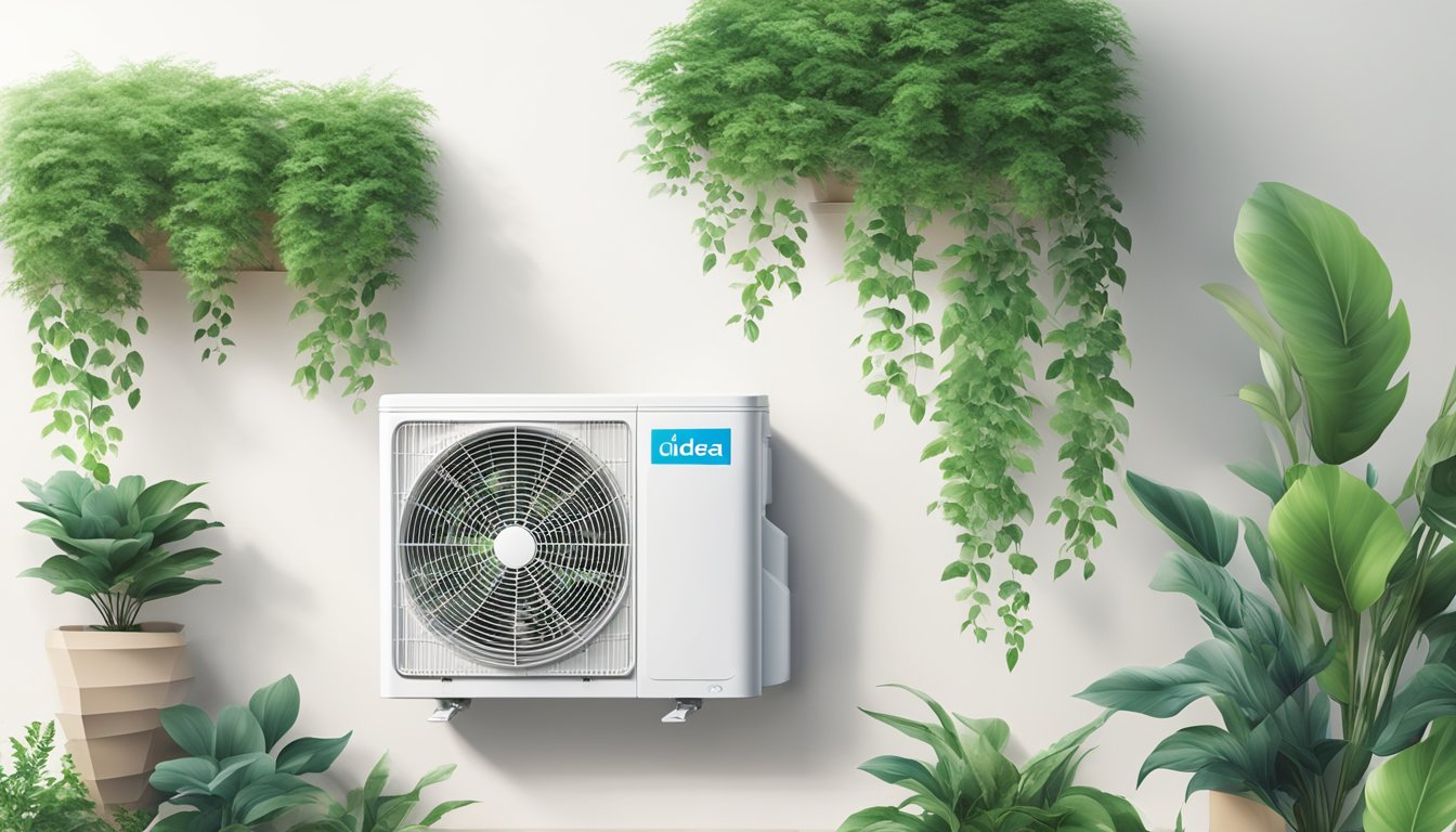 A Midea aircon unit mounted on a white wall, surrounded by green plants, with cool air blowing out