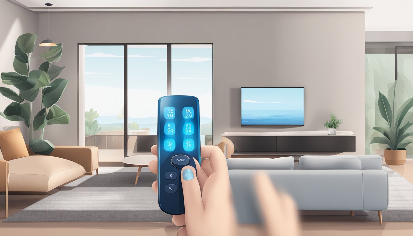 A hand adjusts the temperature on a sleek Midea aircon remote while the unit quietly cools a modern living room