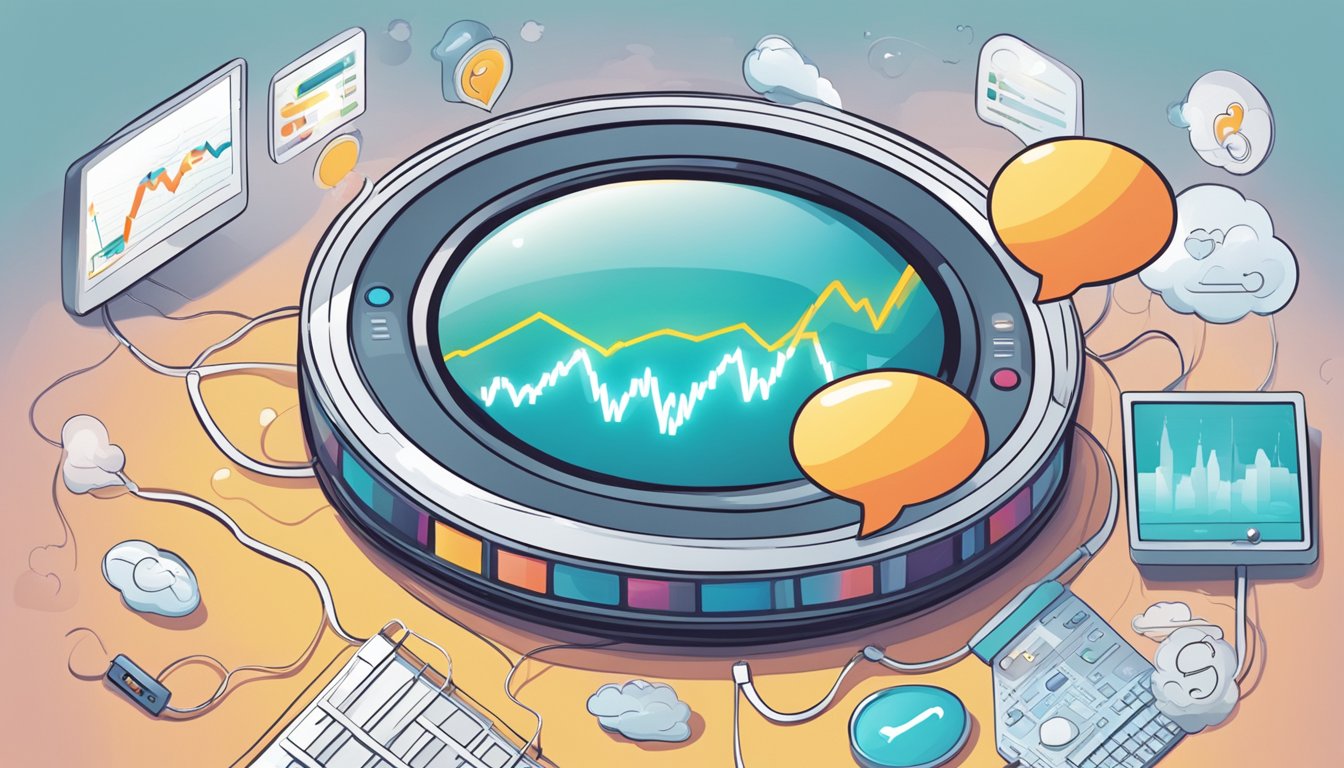 A calm setting with a heart rate monitor showing a rapid heartbeat, surrounded by question marks and thought bubbles