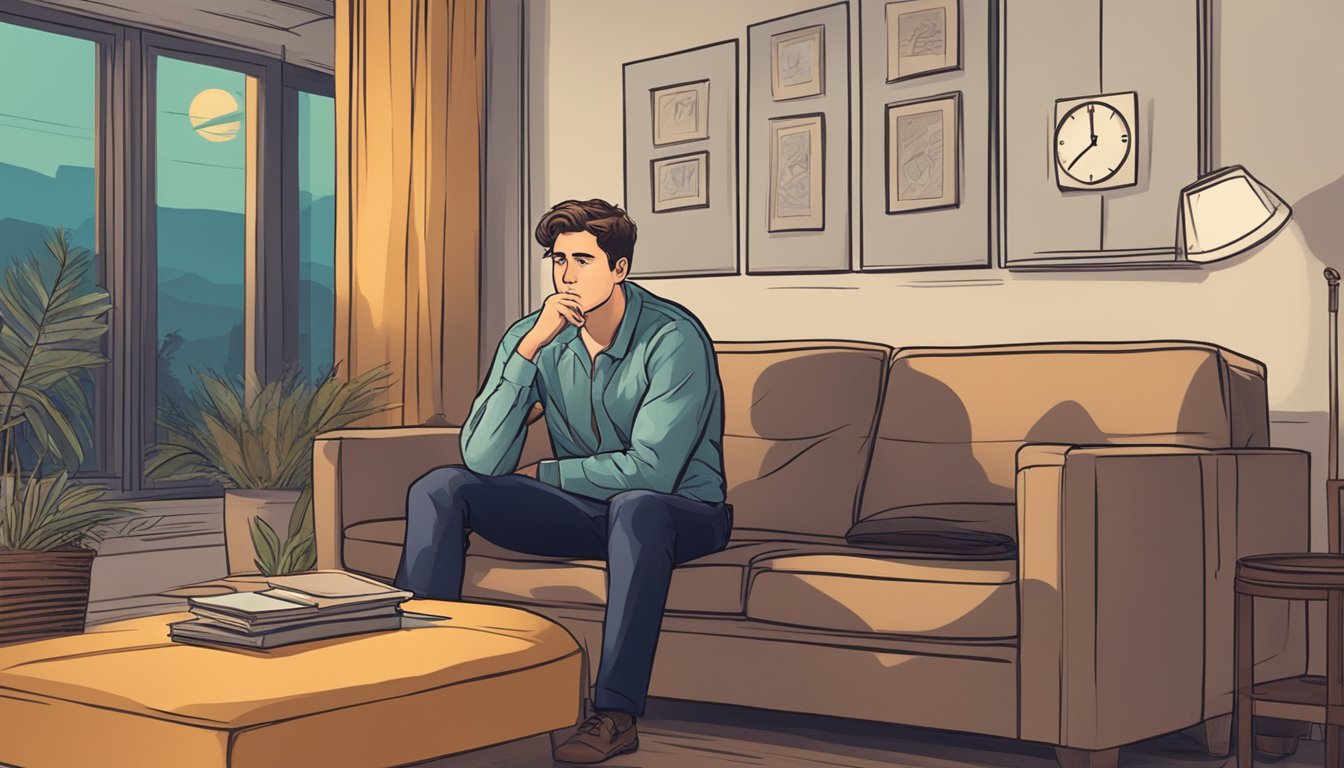 A person sitting on a couch, looking worried, with a hand on their chest, and a clock on the wall showing late evening