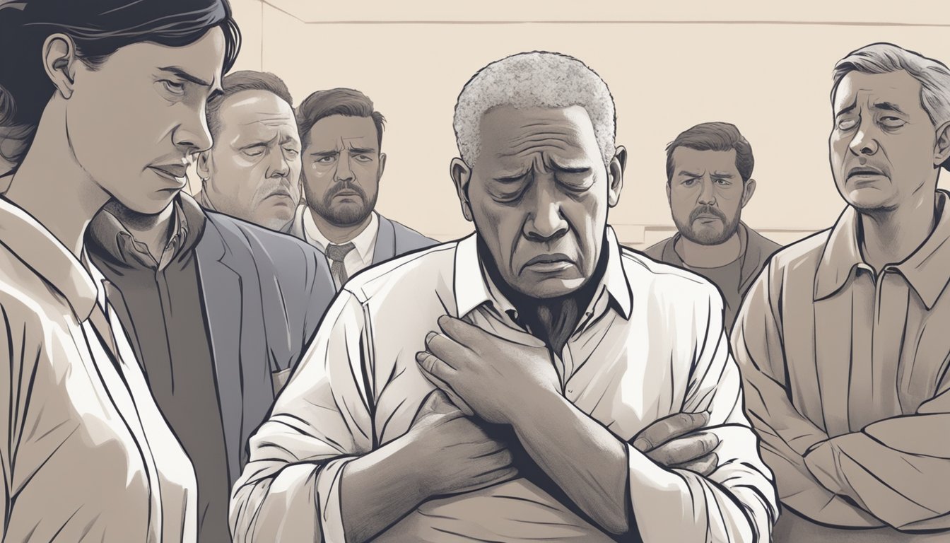 A person clutching their chest in pain, with a distressed expression, while others look on with concern