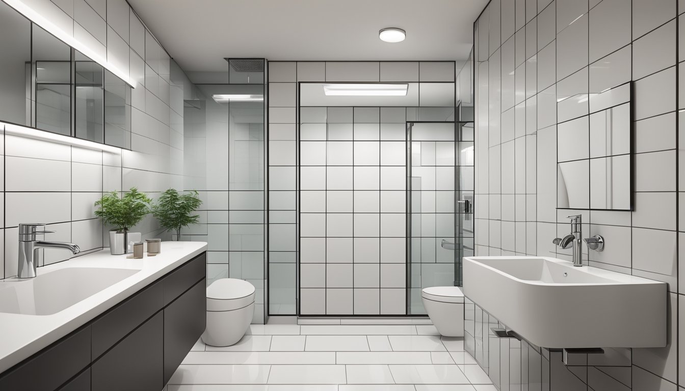 Clean, modern HDB toilet with white tiles, chrome fixtures, and a large mirror above the sink