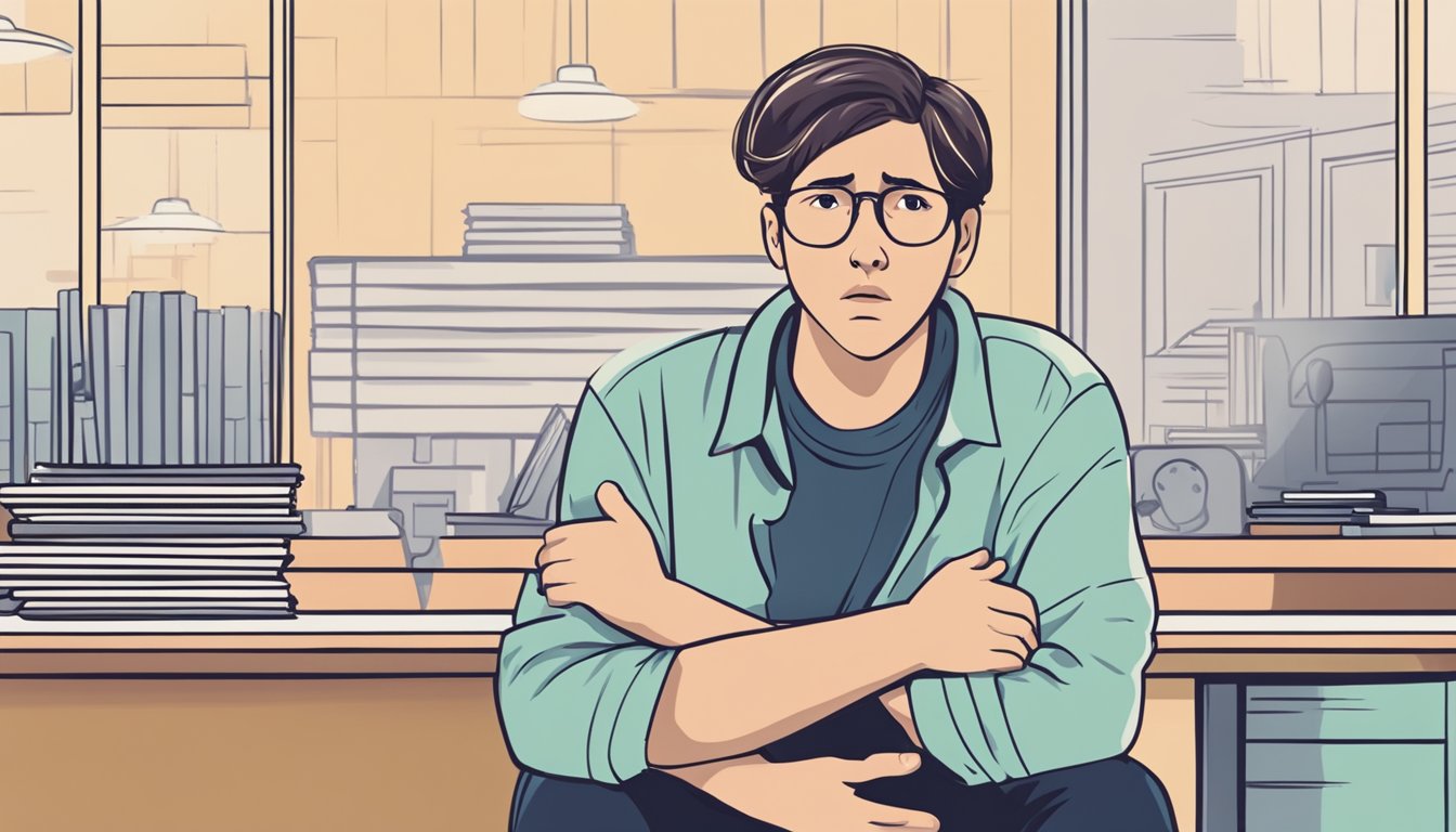 A person clutches their chest in discomfort, with a questioning expression. A FAQ sign hangs in the background