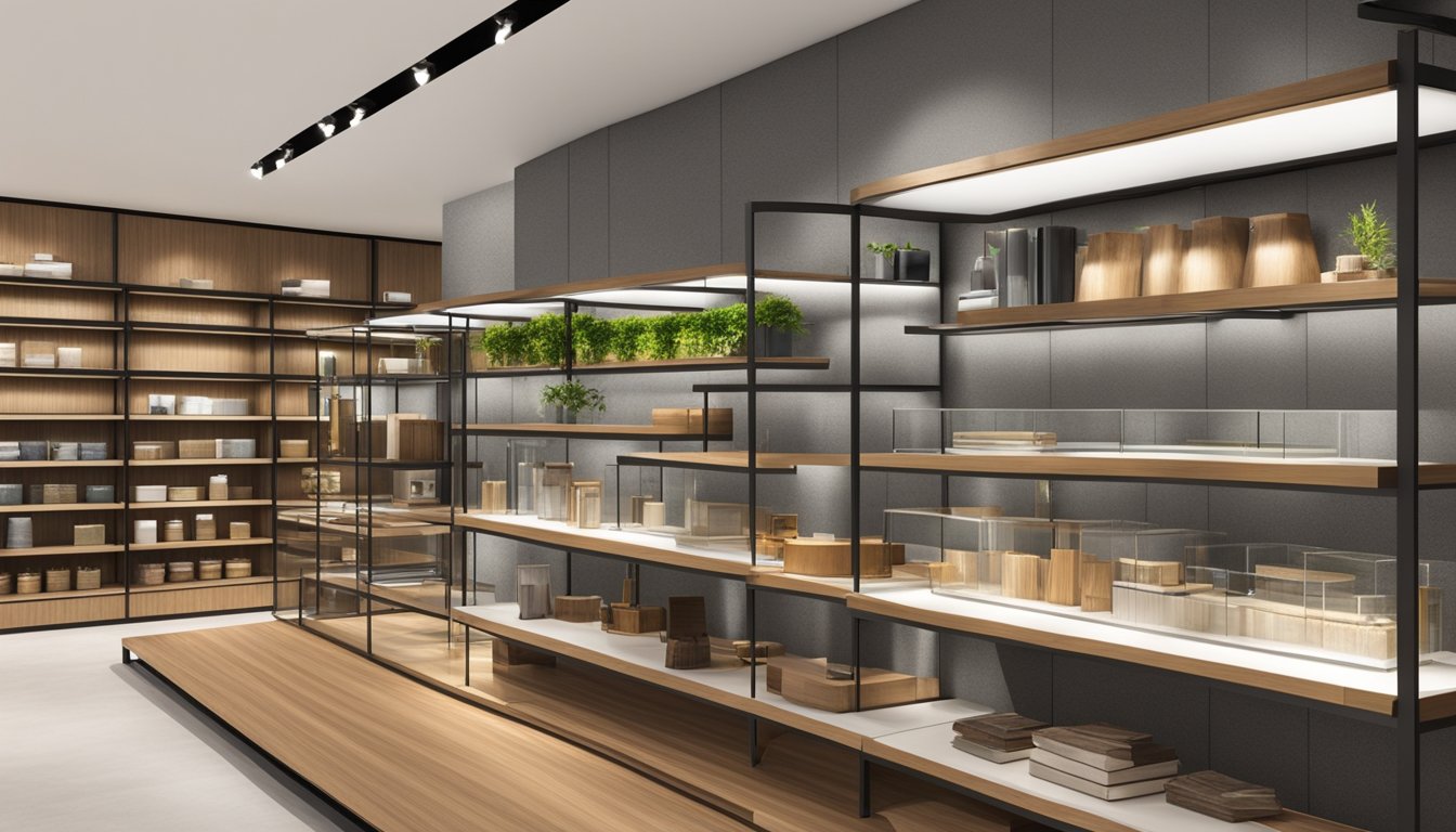 Various shelf styles and materials on display in a modern Singaporean store. Wood, metal, and glass shelves showcase different designs and finishes