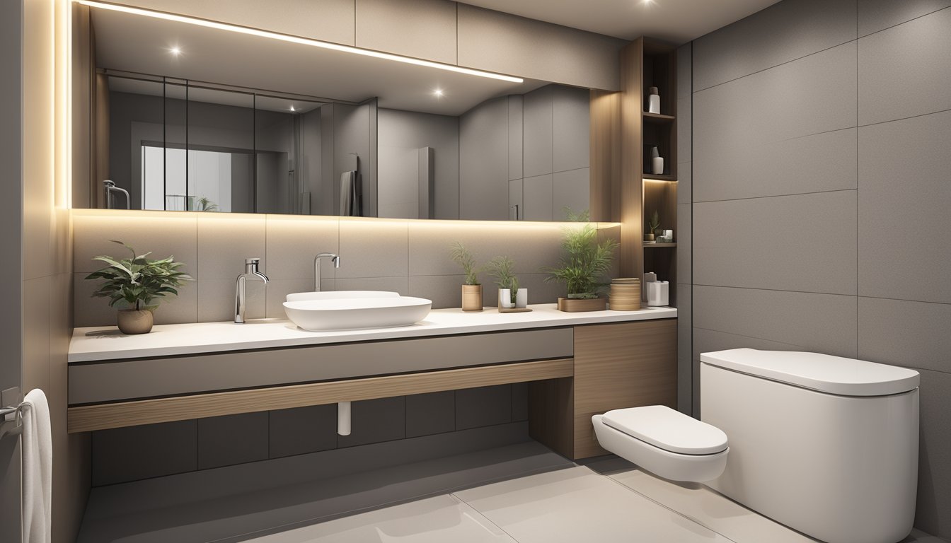 A modern HDB toilet with sleek fixtures, clean lines, and neutral colors. A large mirror hangs above the sink, reflecting the spaciousness of the room