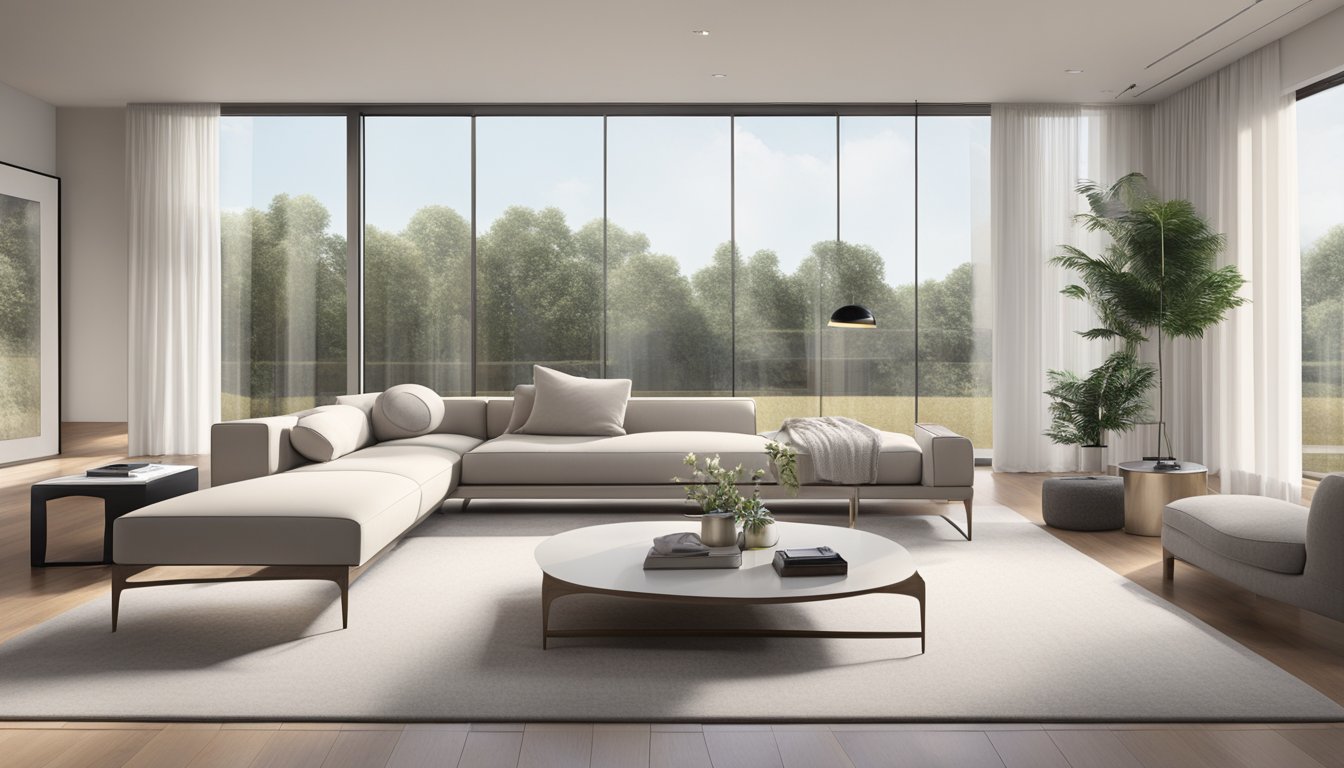 Sleek furniture, clean lines, and neutral colors define the modern contemporary interior. Large windows let in natural light, illuminating the minimalist decor