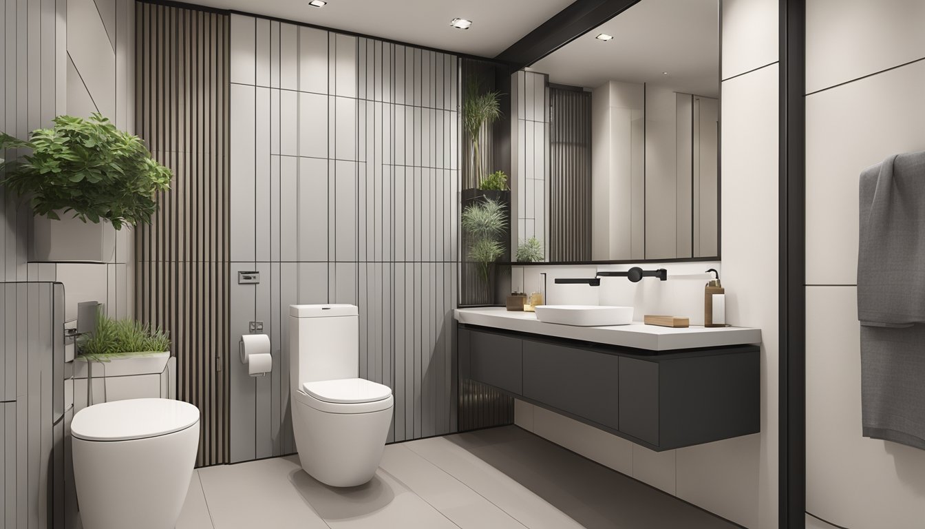 A modern HDB toilet with sleek fixtures and trendy tiles