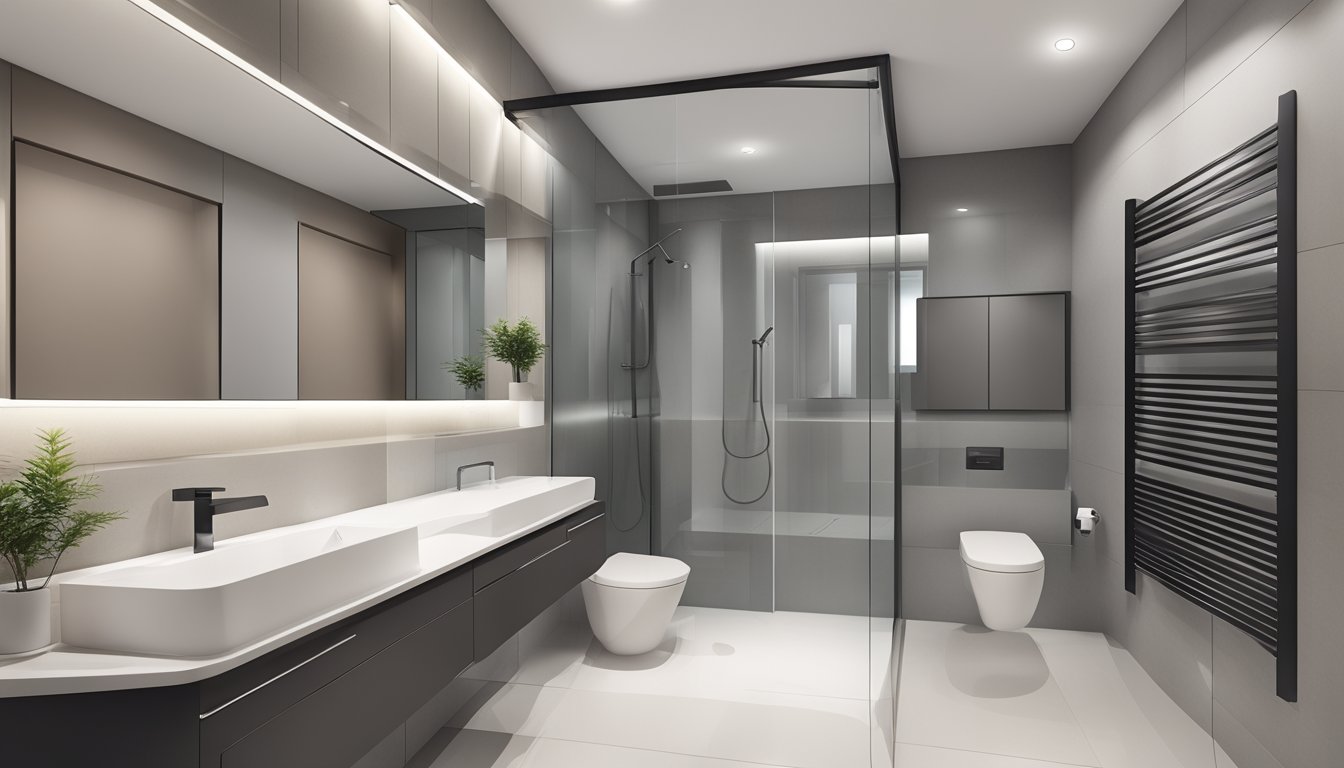 A modern HDB toilet with clean lines, white fixtures, and a sleek design. A wall-mounted toilet, a vanity with a mirror, and a shower area with glass enclosure