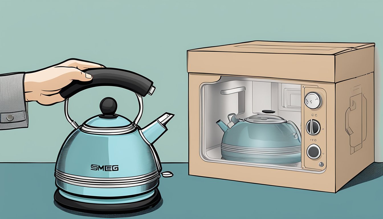 A hand reaches out to open a box, revealing a sleek Smeg kettle nestled in protective packaging