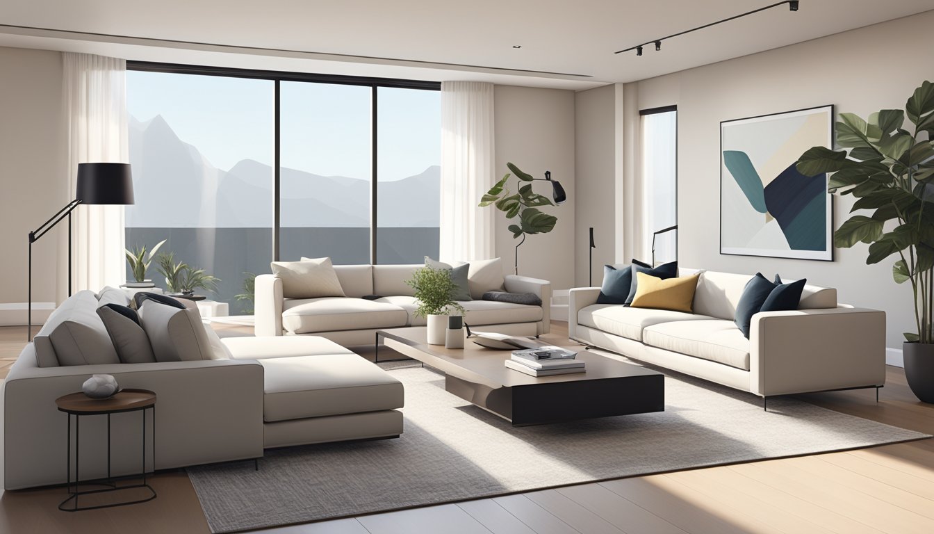 A sleek, minimalist living room with clean lines, neutral colors, and statement furniture pieces. Large windows let in natural light, and modern artwork adorns the walls