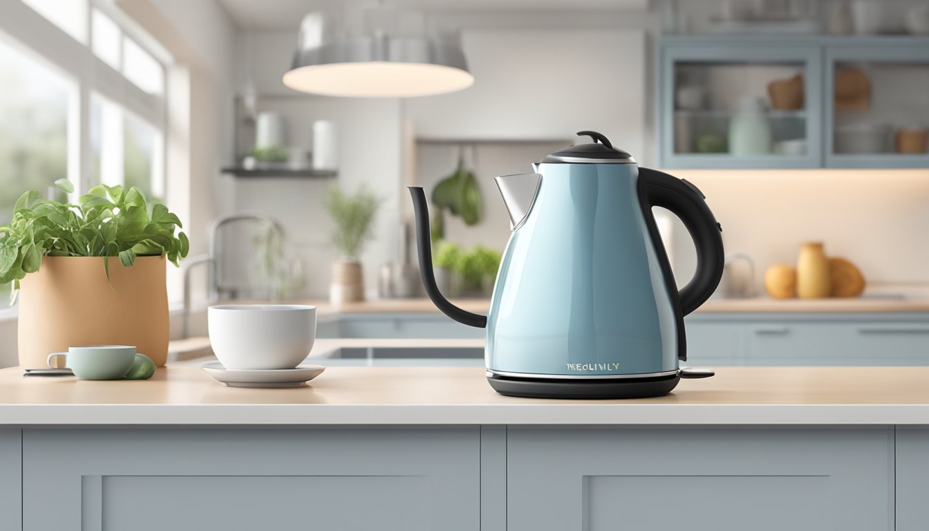 A sleek, modern kettle sits on a clean kitchen countertop, steam rising from its spout. The words "Frequently Asked Questions" are displayed prominently on its digital interface