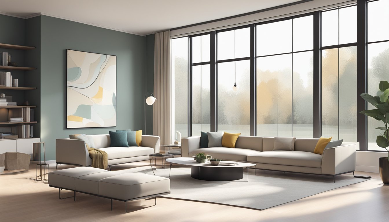 A sleek, minimalist living room with clean lines, neutral colors, and modern furniture. Large windows let in natural light, and abstract art adorns the walls