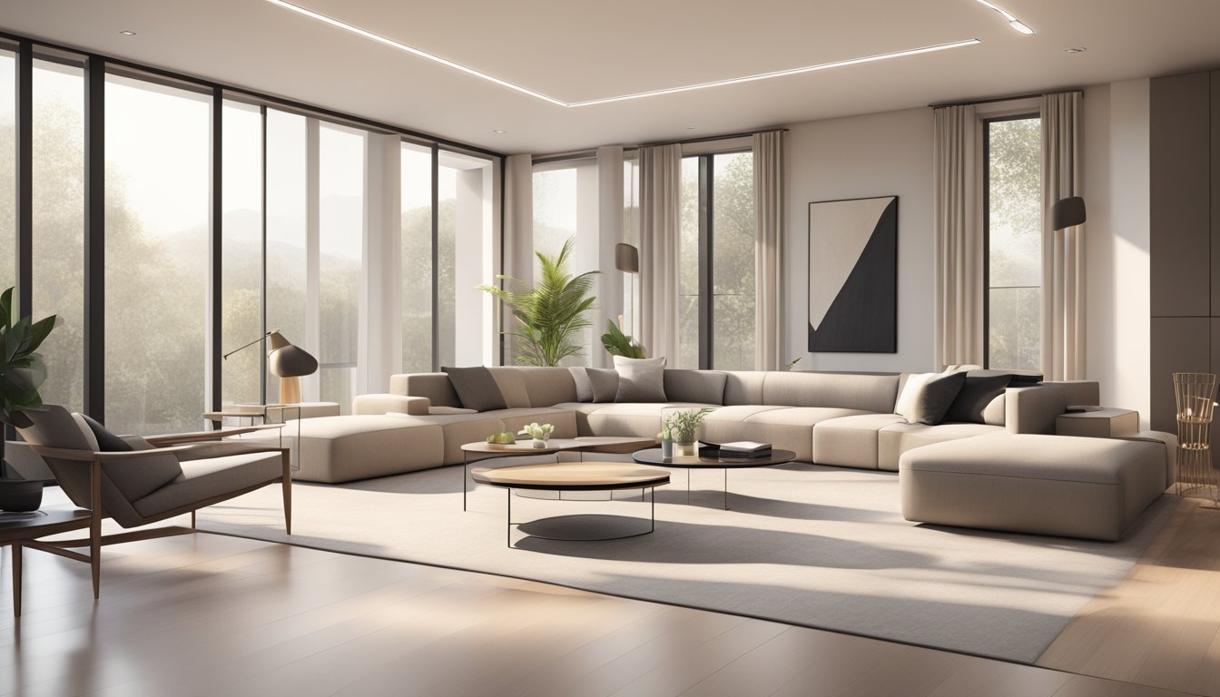 A sleek, minimalist living room with geometric furniture, neutral color palette, and clean lines. Large windows let in natural light, highlighting the modern decor