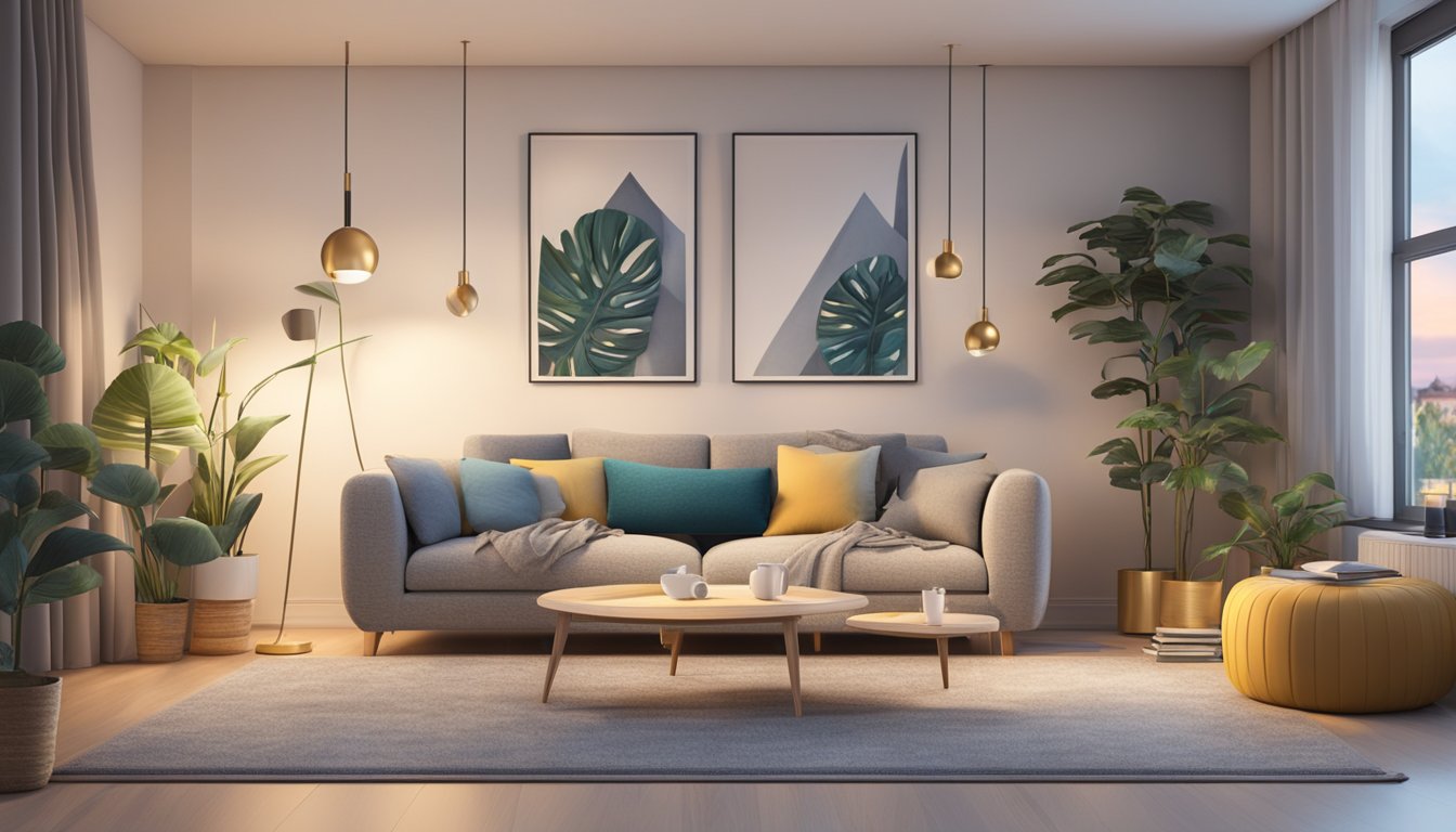 A cozy living room with a stylish and affordable sofa in the center, surrounded by modern decor and soft lighting