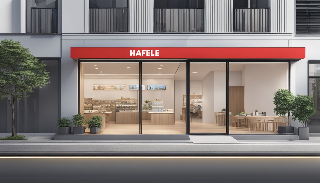 A modern, sleek storefront with the Häfele Singapore logo prominently displayed. Clean lines and a professional atmosphere