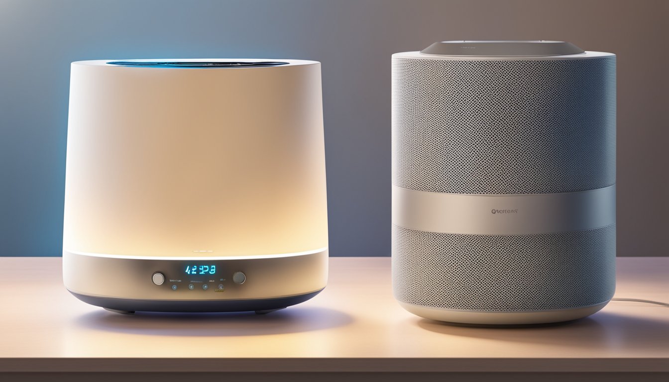 An air purifier and a humidifier sit side by side on a clean, modern tabletop, surrounded by a soft glow of ambient light