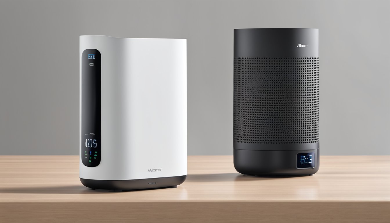 An air purifier and a humidifier sit side by side on a clean, modern tabletop. The air purifier has a sleek design with a display panel, while the humidifier has a mist emitting from its nozzle