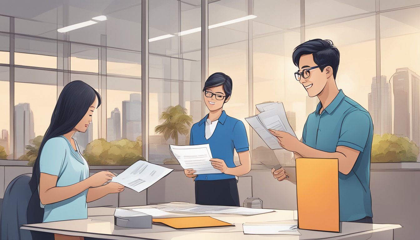 A foreigner in Singapore receives an OCBC ExtraCash Loan, with a bank representative explaining the terms and conditions. The foreigner nods in understanding as they sign the paperwork