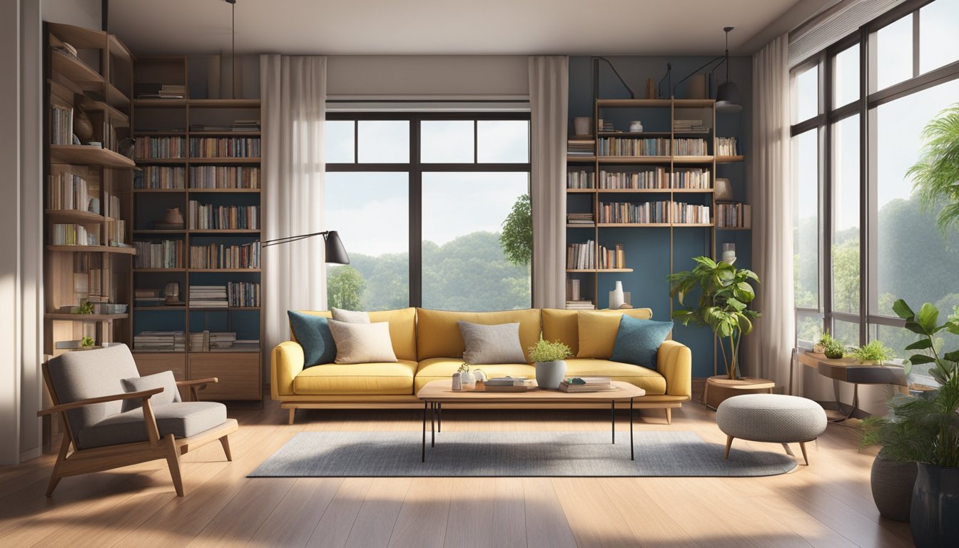 A cozy living room with a modern, affordable sofa in Singapore, surrounded by shelves of books and a large window letting in natural light