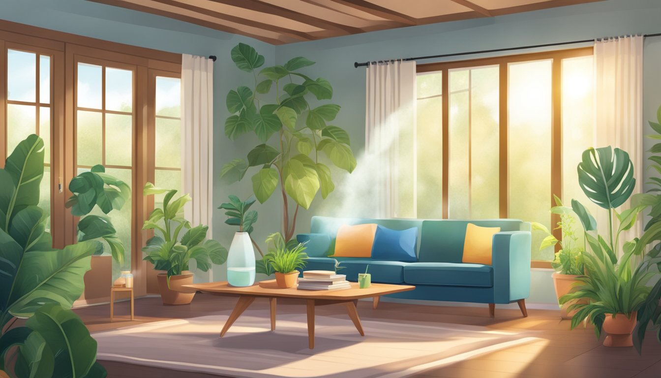 A family room with a table displaying an air purifier and a humidifier, surrounded by plants and a window with sunlight streaming in