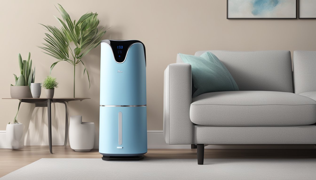 An air purifier and a humidifier sit side by side, contrasting in size and design. The air purifier emits a soft blue light, while the humidifier releases a gentle mist