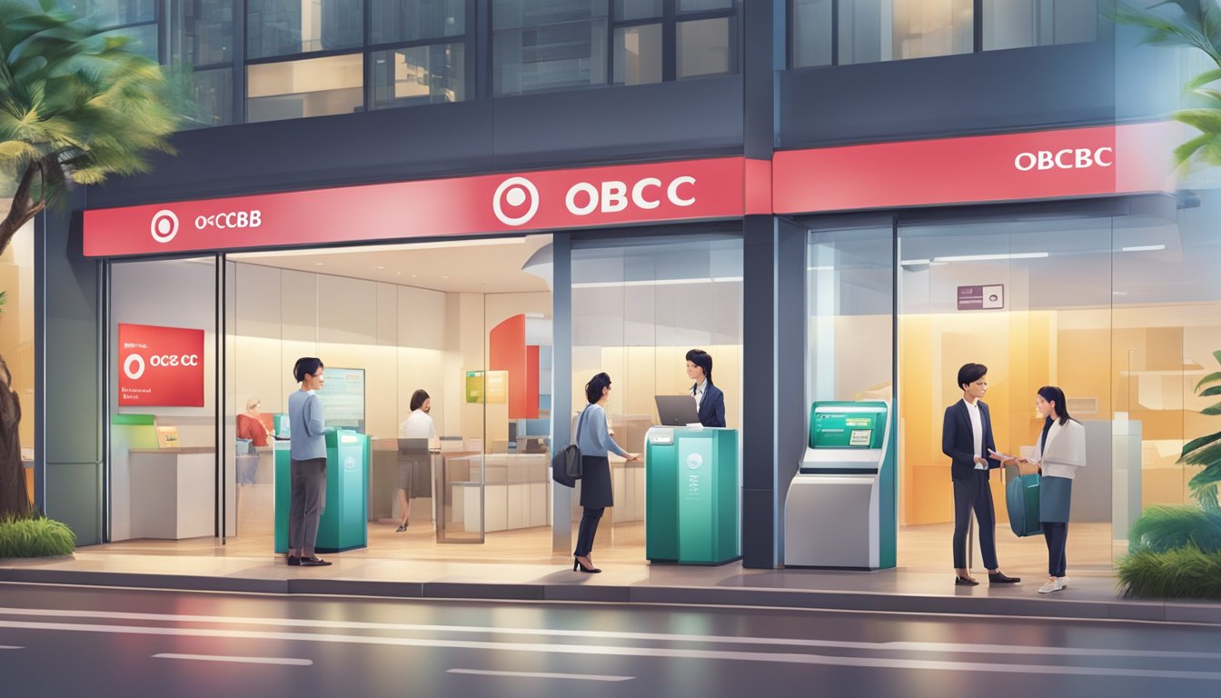 A bright and modern bank branch with the OCBC logo prominently displayed. A foreigner in Singapore is receiving friendly service while applying for an ExtraCash loan