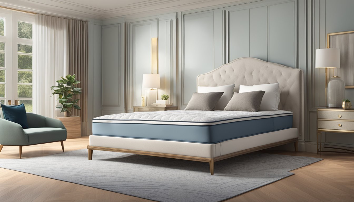 A queen size mattress sits in the center of a spacious room, adorned with soft, plush bedding and surrounded by elegant decor