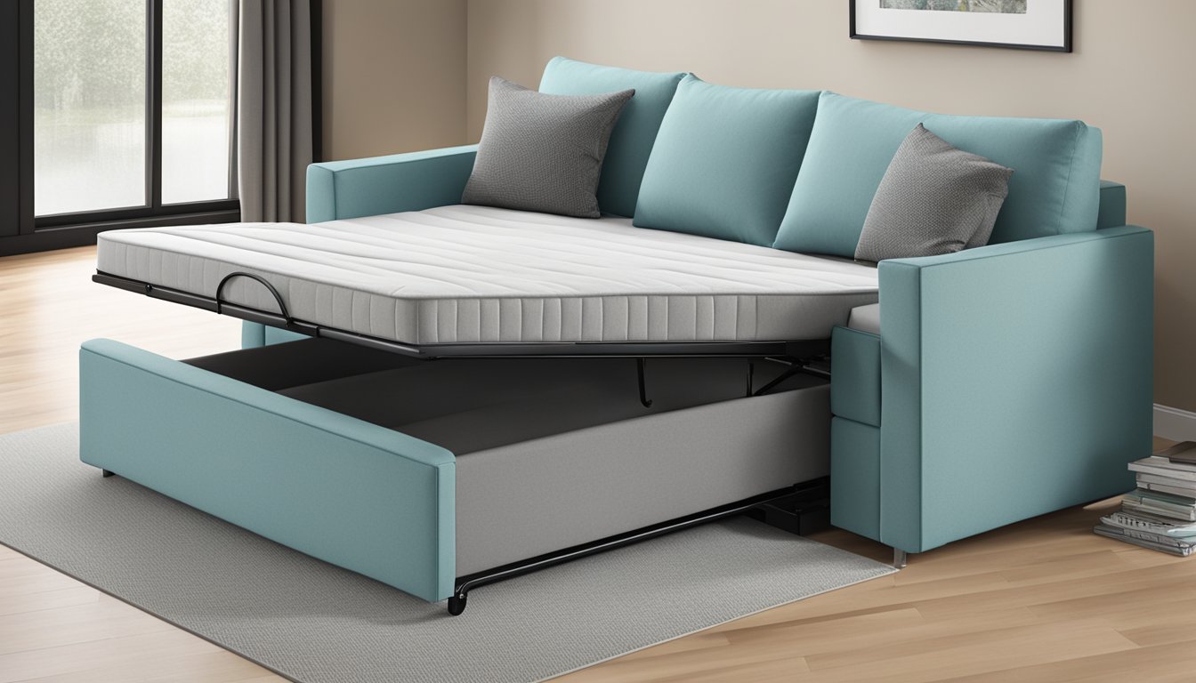 A pull-out bed extends from a sofa, revealing a hidden mattress. The frame is sturdy with smooth, seamless transitions between the sofa and bed