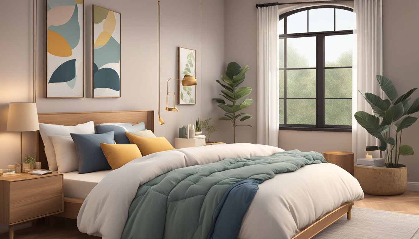 A queen size mattress sits in a well-lit bedroom, surrounded by plush pillows and a cozy duvet. The room is tidy and inviting, with soft lighting and a warm color scheme