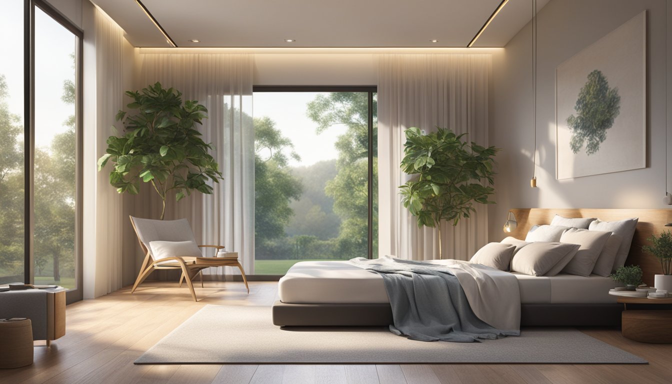 A serene bedroom with a latex mattress as the focal point, surrounded by soft, natural lighting and a peaceful atmosphere